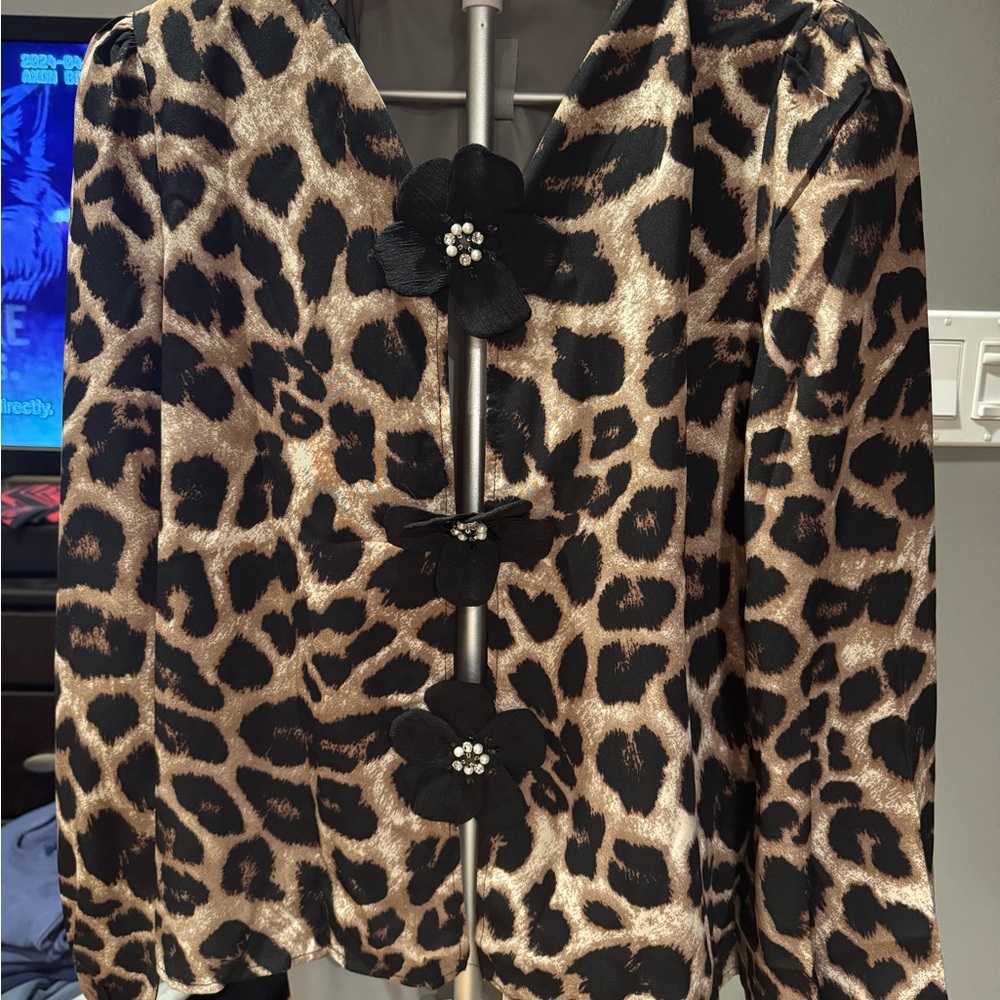 Leopard Print Women's Blouse with rhinestone Accents